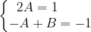 \dpi{120} \left\{\begin{matrix} 2A=1\; \; \; \; \; \; \; \\ -A+B=-1 \end{matrix}\right.